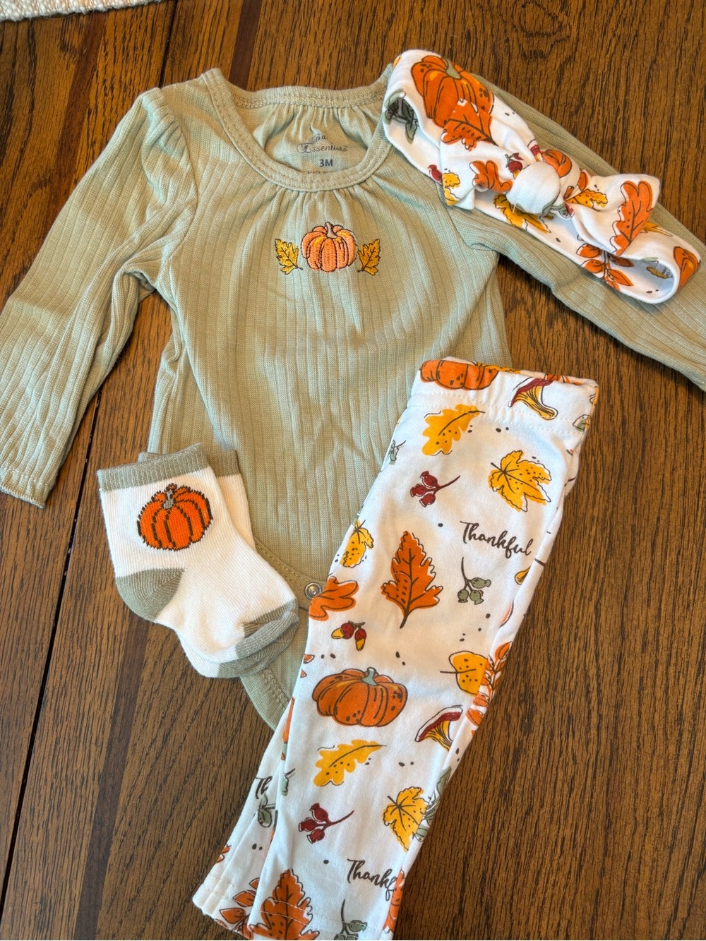 Baby Essentials Sage Ribbed Bodysuit & Pumpkin Print Fall Set